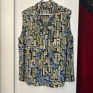 Nine West Blue and Yellow Sleeveless Tie Front Blouse